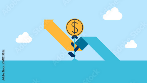 Plant money coin tree growth illustration for Investment Concept. income salary rate increase concept with people character and dollar symbol. Business profit performance of return on investment ROI