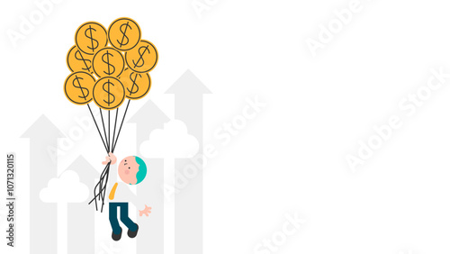 Man flying up with coins like on balloons. Profit, income, prosperity, financial success, business, investment concept. Vector illustration for banner, poster, website.