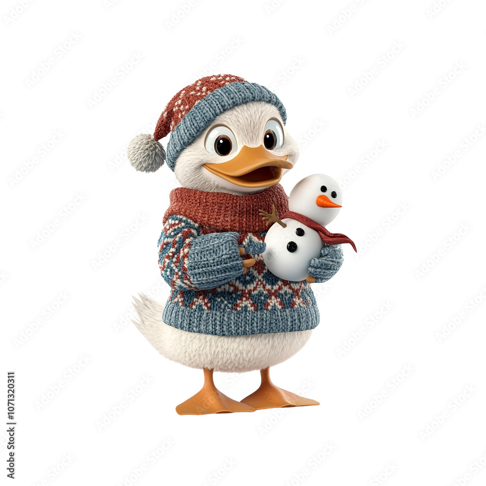 Cute Cartoon Duck Holding a Snowman in Winter