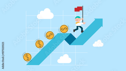 Investment profit and earning, stock market growth or fund flow depend on interest rate and inflation concept, businessman investor, fund manager holding flag lead money coins running up rising graph.