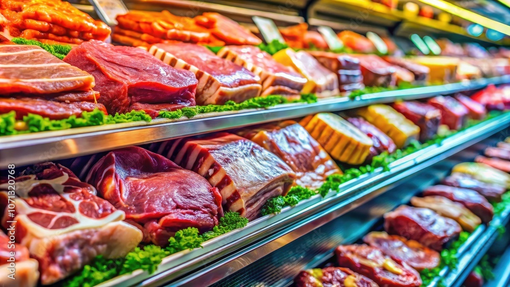 Fototapeta premium Macro Photography of a Supermarket Meat Shelf with Blurred Background, Showcasing Fresh Cuts, Packaging, and Colorful Displays for Grocery Shopping Enthusiasts