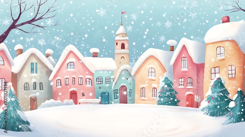 Idyllic Snowy Townscape with Colorful Houses and Frosty Pines in a Festive Winter Setting : Generative AI