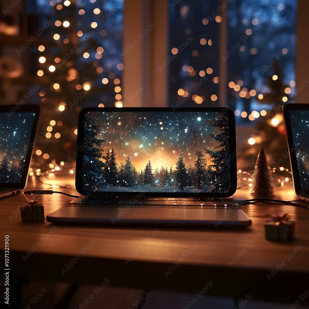 three laptops sitting on a table with a christmas scene on the screen and a christmas tree in the background three laptops sitting on a table with a christmas scene on the screen and a christmas tree in the background