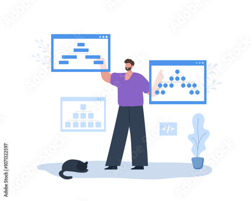 Sitemap Creation process. SEO optimization. Male Developer organizes site architecture. Diagram and structure website. Flowchart UI UX. Vector illustration in flat cartoon style.