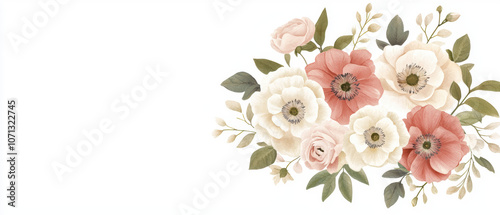 A delicate arrangement of pink and white flowers with green leaves, set against a light background, perfect for spring-themed designs.
