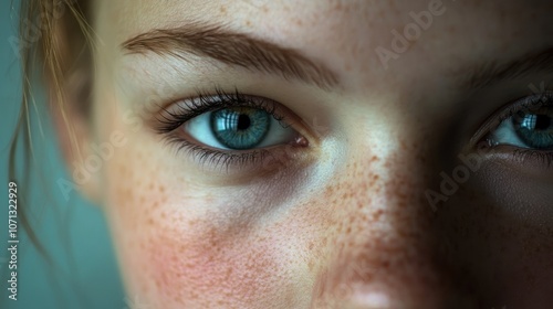 Close-up of a person's face with striking blue eyes and freckles.