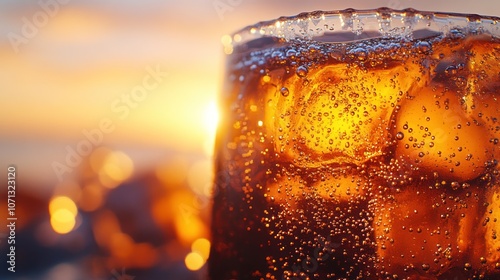 Close-up of a glass of cola with ice cubes and bubbles against a blurred sunset background.