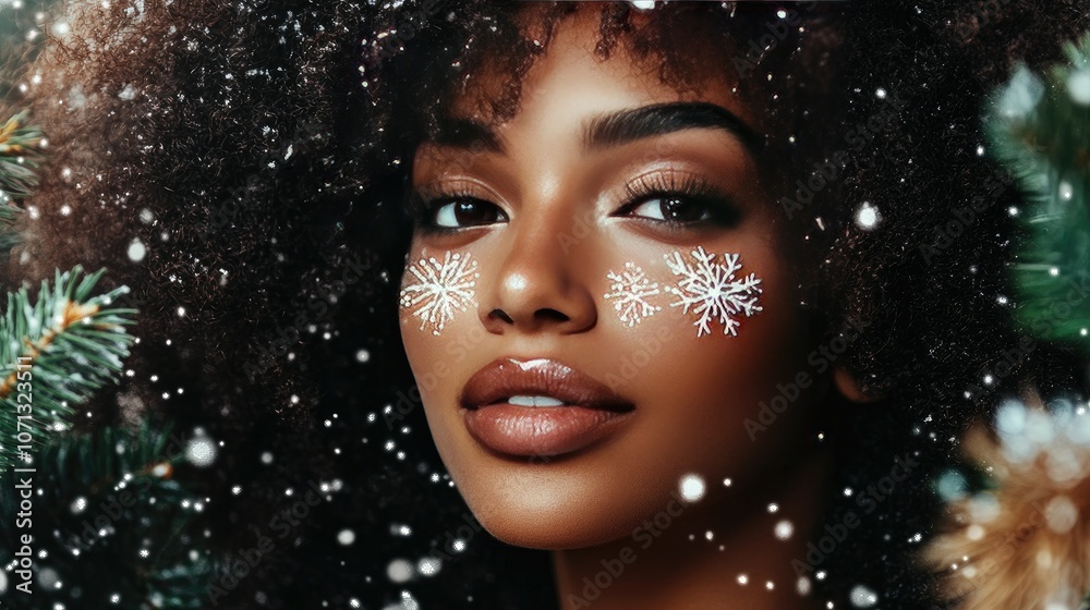 Festive Portrait of a Woman with Snowflakes on Face Festive Portrait of a Woman with Snowflakes on Face