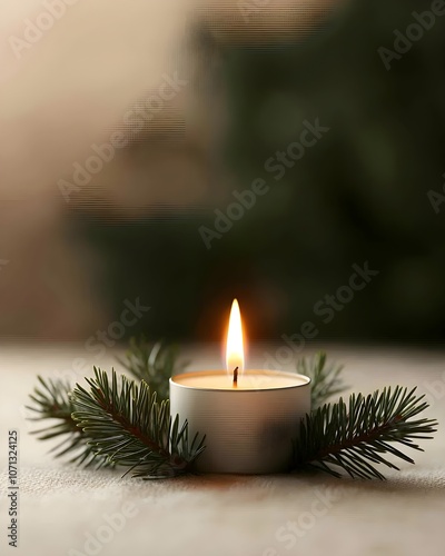 Warm candlelight surrounded by evergreen branches