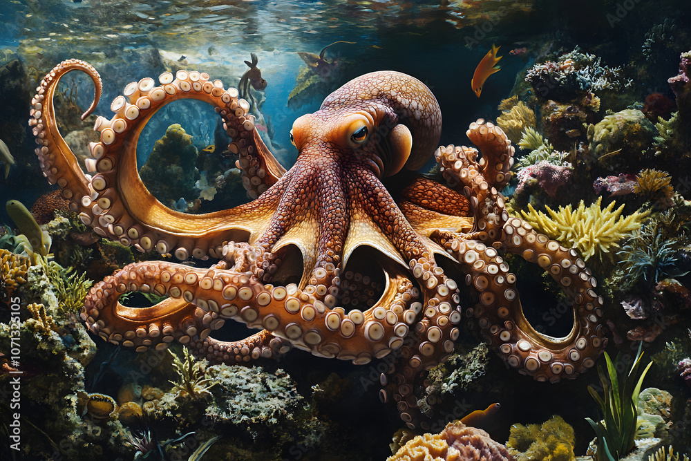 Fototapeta premium Magnificent octopus in vibrant coral reef, showcasing marine life, biodiversity, and the wonders of the underwater world, perfect for themes of ocean exploration and aquatic beauty