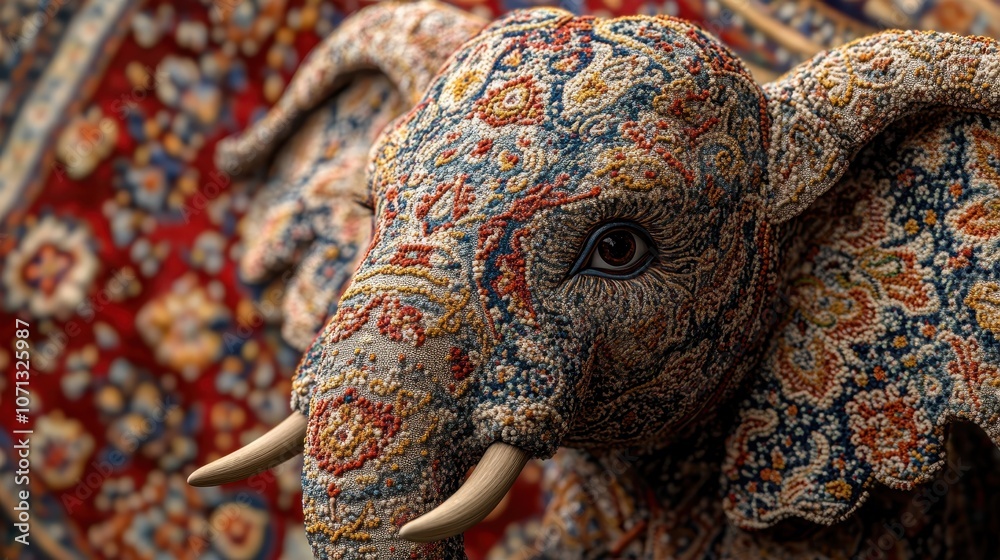 Obraz premium Intricate Elephant Sculpture with Detailed Embroidery on Vibrant Tapestry Background Showcasing Artistic Craftsmanship