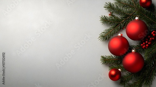 Festive Christmas decorations with red ornaments and pine branches photo