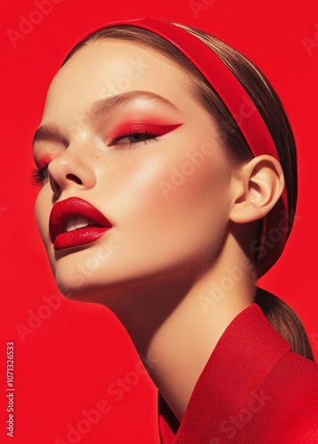 portrait woman with makeup and a fashionable hairstyle poses in studio