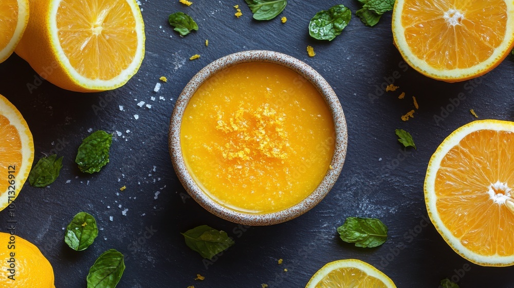 Fresh Orange Zest and Mint on Dark Background Fresh Orange Zest and Mint on Dark Background