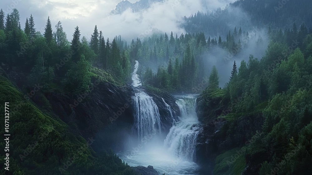 Mountain river waterfall in wild Carpathian forest Mountain river waterfall in wild Carpathian forest