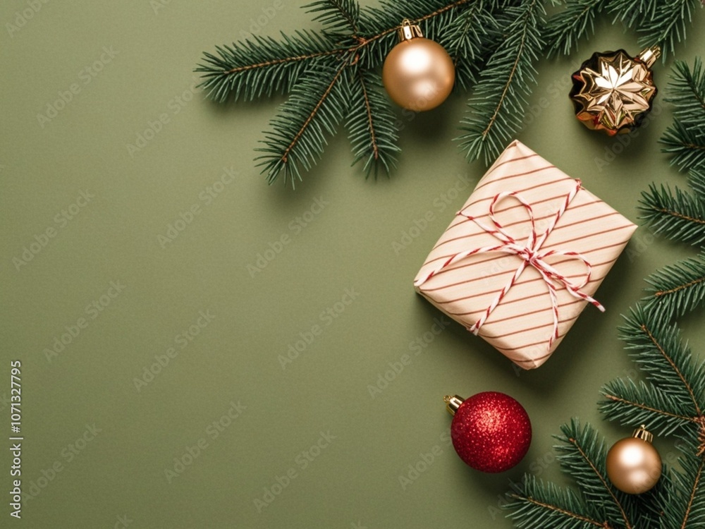 Christmas gift and decorations on olive background with copy space on left side, flat lay