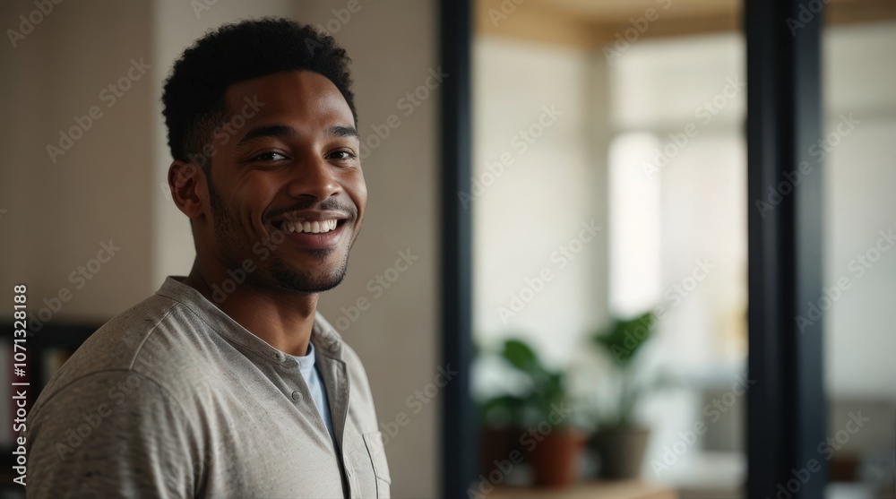 Obraz premium Smiling cheerful young adult african american ethnicity man in casual attire looking at camera standing at home office background. Happy confident black guy headshot face front close up portrait