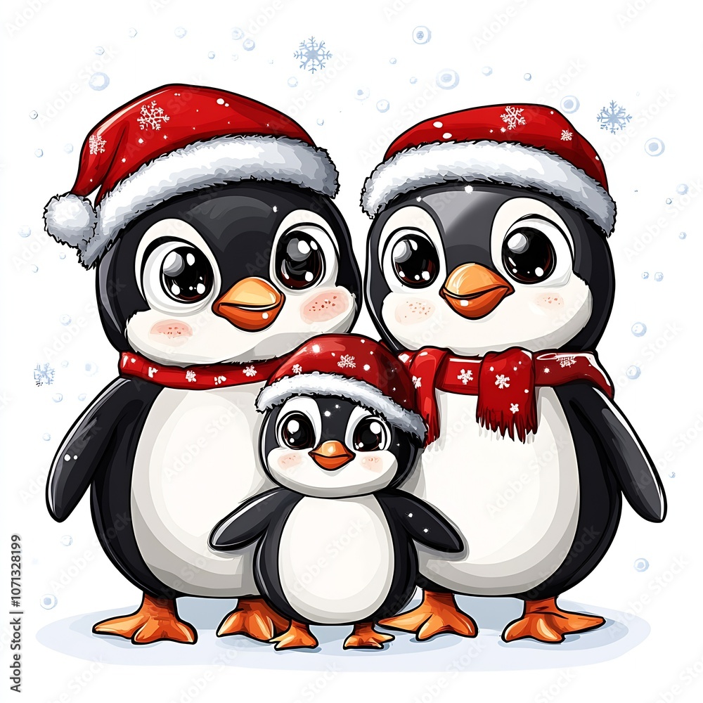Fototapeta premium Festive Penguin Family Adorning Christmas Hats in Wintry Landscape : Generative AI