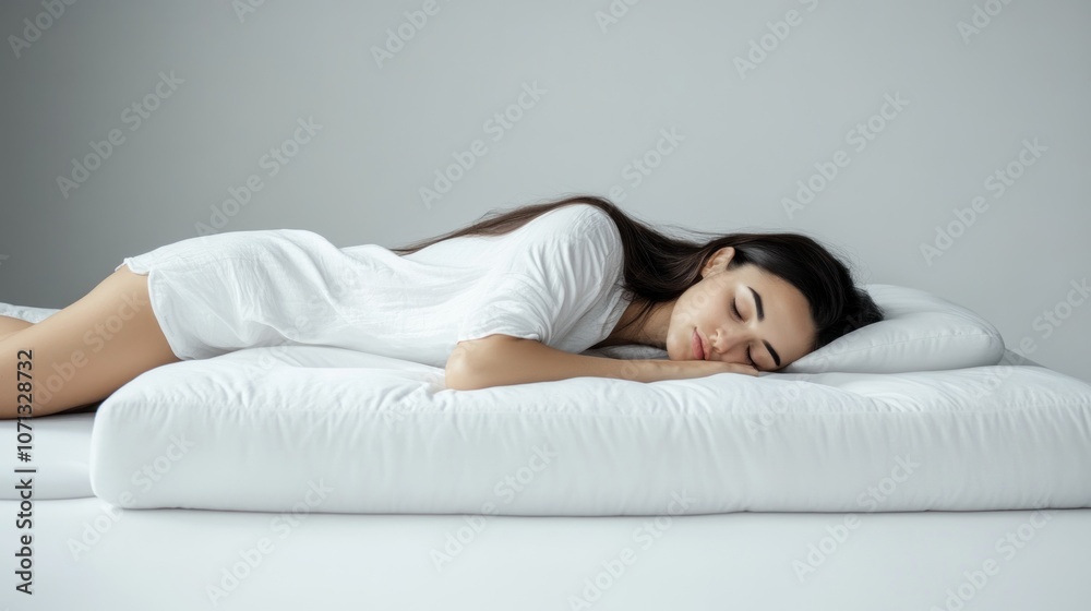 A serene scene of a woman sleeping peacefully on a white mattress. A serene scene of a woman sleeping peacefully on a white mattress.