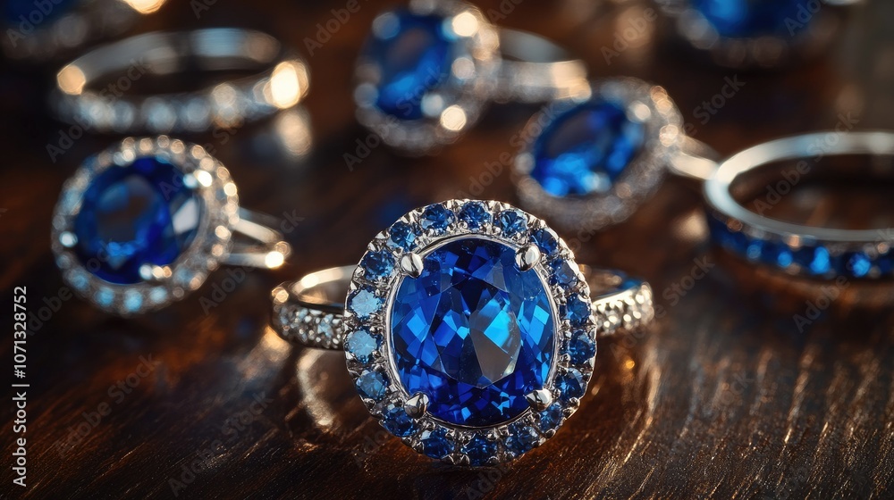 Elegant Blue Sapphire Rings on Wooden Surface Elegant Blue Sapphire Rings on Wooden Surface