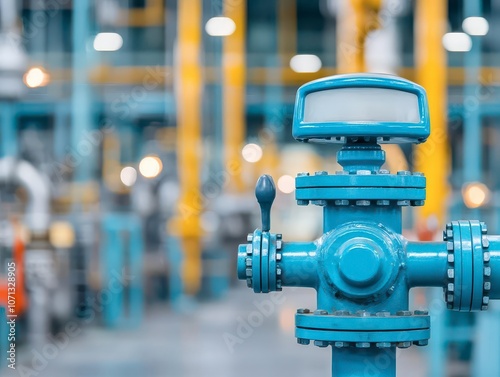 A blue industrial valve is prominently featured in a factory setting, with blurred machinery and overhead lights creating a dynamic background.