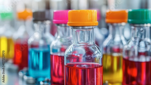 A colorful array of small glass bottles filled fuel processing with vibrant liquids, each capped with a distinct lid, showcasing a variety of hues.