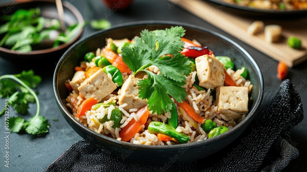 A colorful bowl of stir-fried rice with tofu, vegetables, and fresh cilantro, showcasing a vibrant and healthy meal. A colorful bowl of stir-fried rice with tofu, vegetables, and fresh cilantro, showcasing a vibrant and healthy meal.