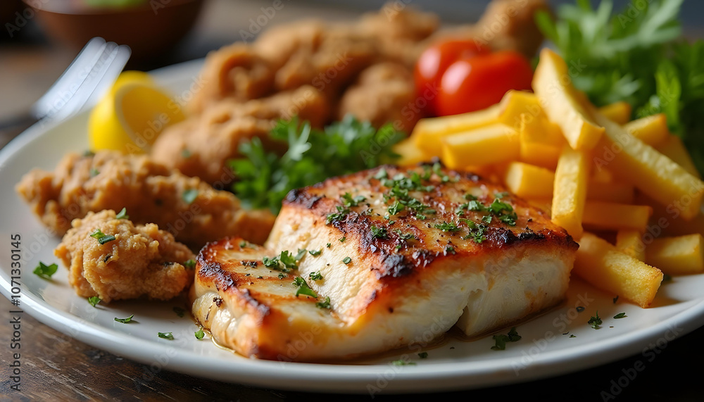 Delicious grilled fish served with crispy fries, fried chicken, fresh tomatoes, and garnished with parsley, creating mouthwatering meal experience Delicious grilled fish served with crispy fries, fried chicken, fresh tomatoes, and garnished with parsley, creating mouthwatering meal experience