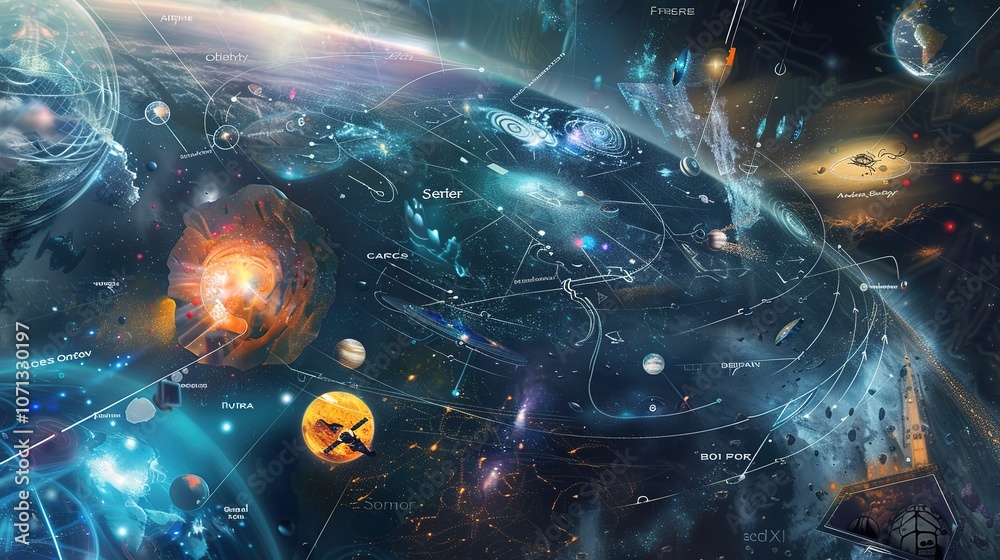 Future Universe Concept Map - a visionary and imaginative visual. The concept map depicts a futuristic universe, illustrating innovative ideas and celestial elements in a captivating manner.