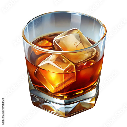 A glass filled with whiskey and ice cubes rests invitingly photo