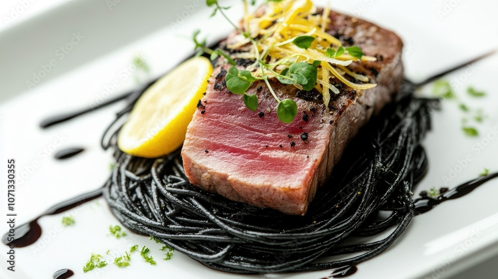 Gourmet Steak with Black Pasta and Lemon Garnish