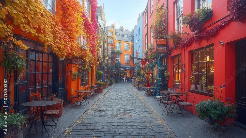 Fototapeta premium Colorful cobblestone street with shops and fall foliage.