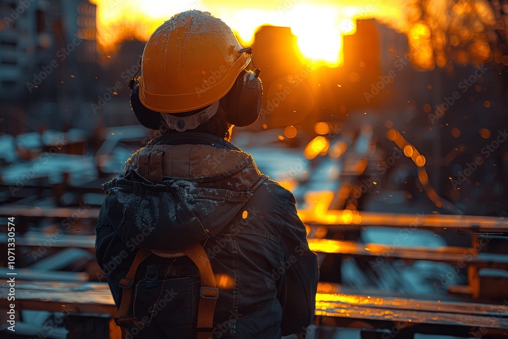 yellow helmet and ear muffs on wooden table at construction site at sunset yellow helmet and ear muffs on wooden table at construction site at sunset