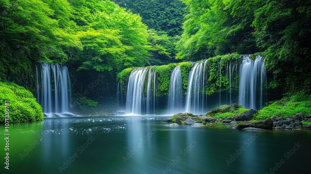 Fototapeta premium Serene Waterfall in Lush Green Forest Setting