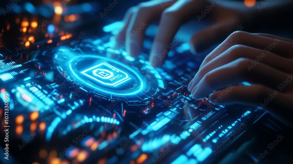 Closeup of hands typing with Data Protection hologram, intense blue lighting, futuristic and detailed Closeup of hands typing with Data Protection hologram, intense blue lighting, futuristic and detailed