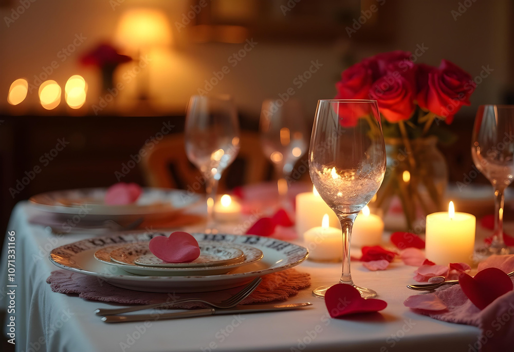 romantic dinner setting with candles, roses, and heart shaped decorations creates warm and inviting atmosphere. Perfect for special occasions romantic dinner setting with candles, roses, and heart shaped decorations creates warm and inviting atmosphere. Perfect for special occasions