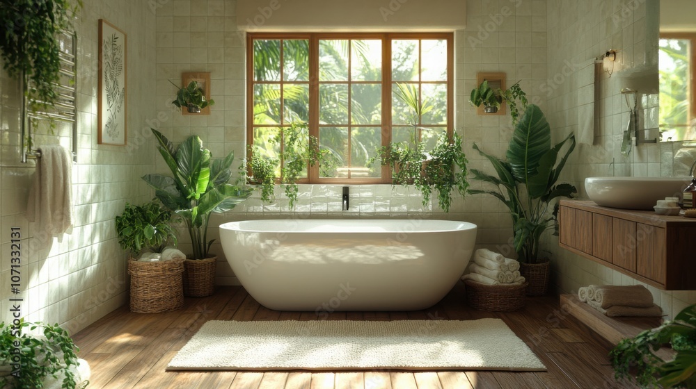 A Tranquil Bohemian Bathroom Featuring Soothing White Tiles and Charming Wooden Accents for a Relaxed Atmosphere A Tranquil Bohemian Bathroom Featuring Soothing White Tiles and Charming Wooden Accents for a Relaxed Atmosphere