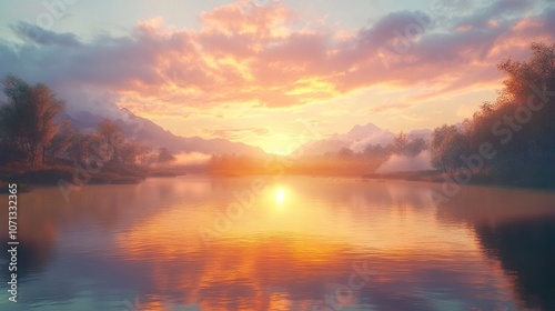 Perfectly calm river at sunset.