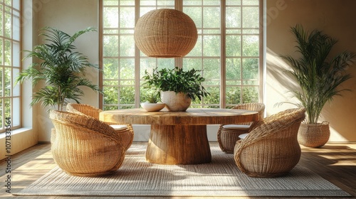 Charming Boho-Inspired Breakfast Nook with Wooden Table Perfect for Morning Gatherings and Cozy Brunches photo