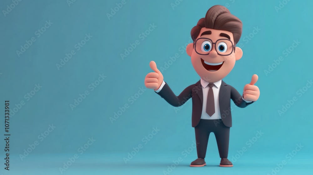 A cartoon businessman with a big smile and thumbs up gestures against a light blue background. A cartoon businessman with a big smile and thumbs up gestures against a light blue background.