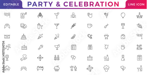 Party line icon set. celebrate, celebration, dancing, music, congrats and more. Party & celebration web icons vector illustration