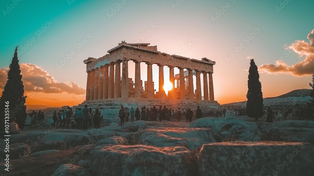 Obraz premium sunset in the Ancient Greek Temple of Hephaestus