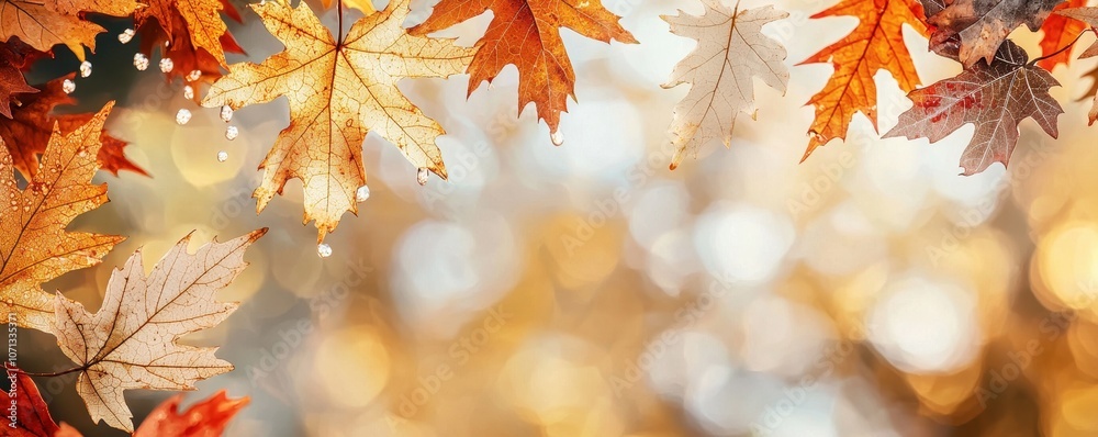 Fototapeta premium Golden autumn leaves against a soft, blurred background, creating a warm and inviting fall atmosphere.