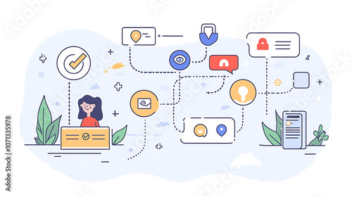  Illustration of a new customers journey with customer service icons and steps2