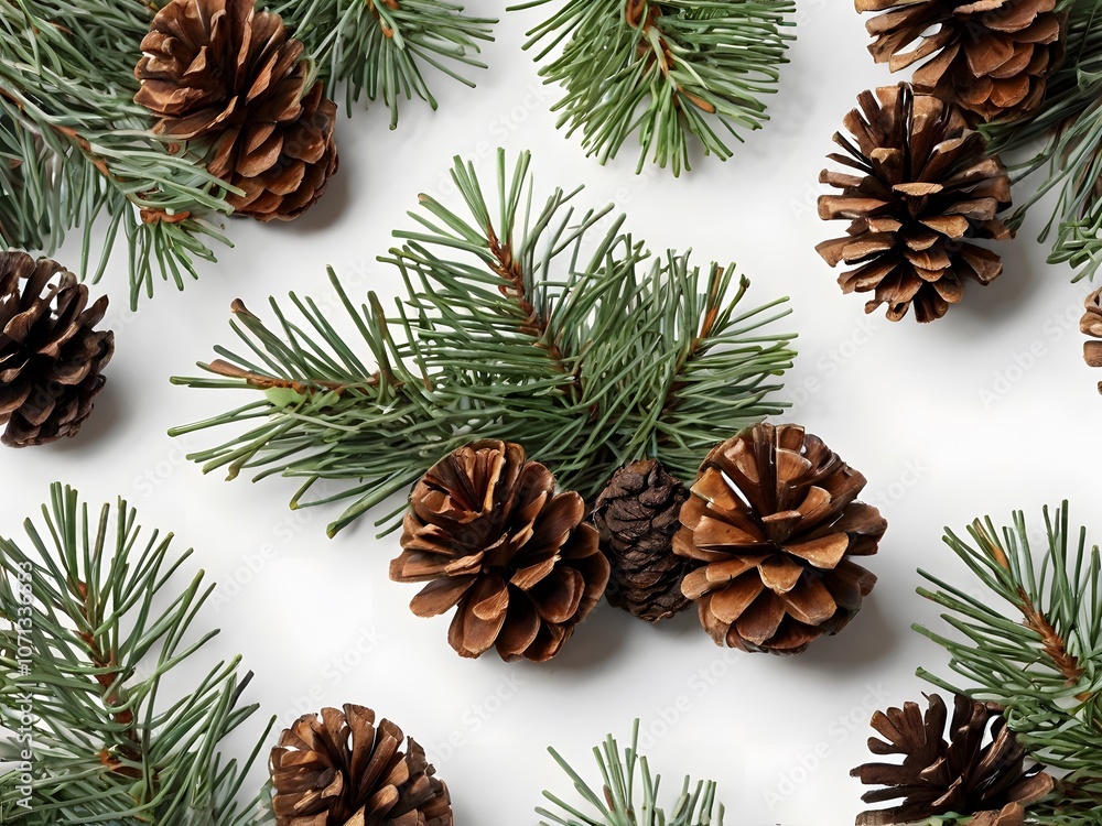 Fototapeta premium Pine Cones and Branches on White Background