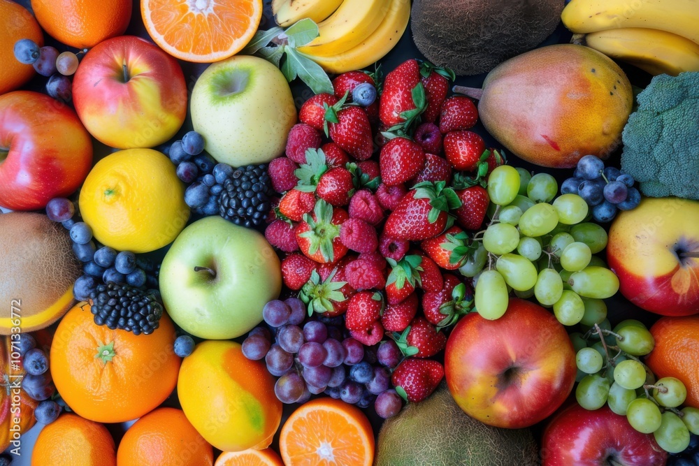 Brain surrounded by a variety of fresh fruits, symbolizing the benefits of a healthy diet 