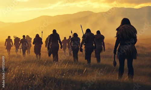 Silhouettes of prehistoric hunters at sunset