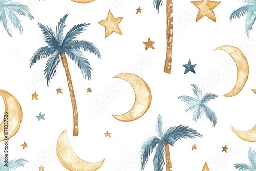 Watercolor seamless pattern with palm trees, crescent moons, and gold stars.