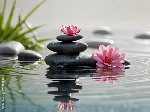 Zen Stones and Pink Lotus Flowers in Water