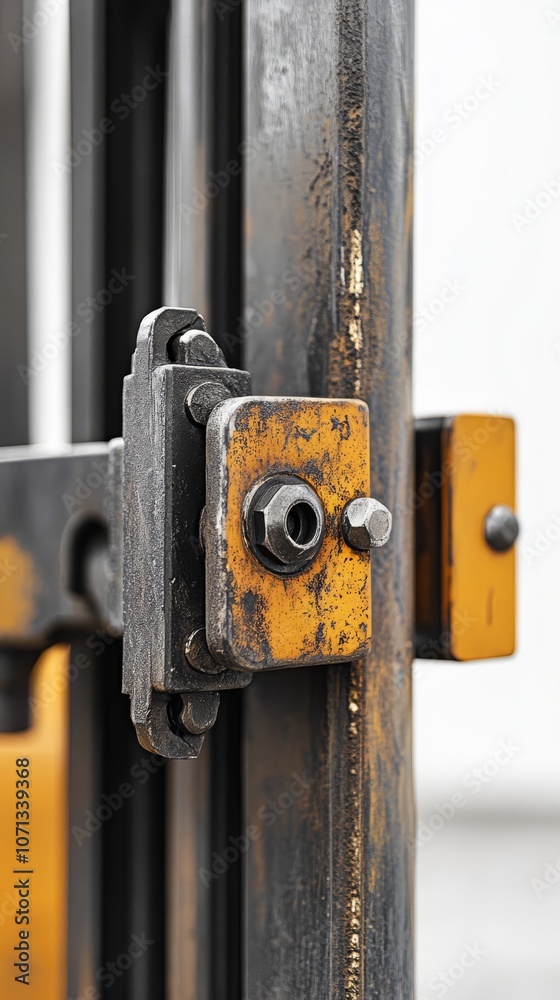 Industrial Metal Hinge Detail: A close-up shot showcasing a robust metal hinge, with bolts and a yellow accent, highlighting the intricate detail and craftsmanship of industrial machinery. Industrial Metal Hinge Detail: A close-up shot showcasing a robust metal hinge, with bolts and a yellow accent, highlighting the intricate detail and craftsmanship of industrial machinery.
